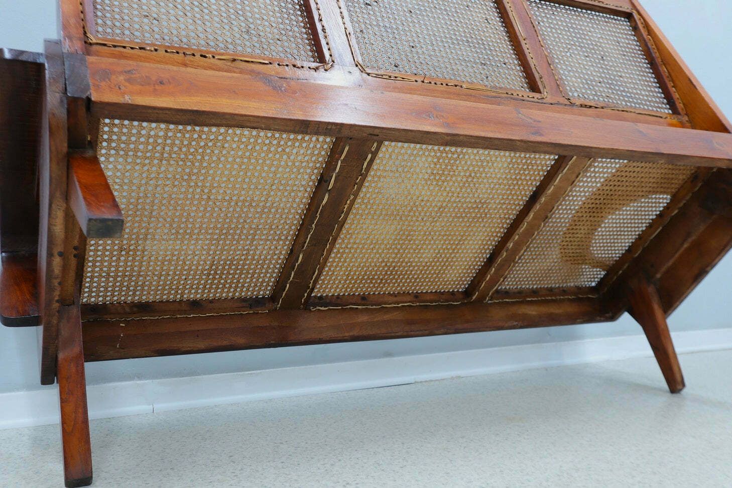 photo buy Mid Century Teak Wood And Vienna Straw Easy Sofa + Armchair 1950s
