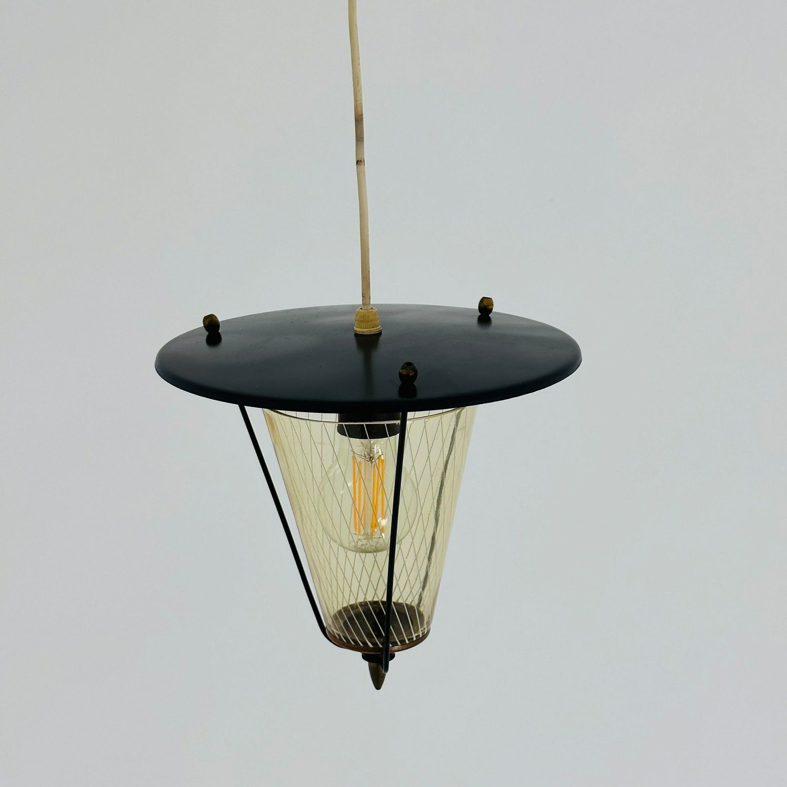 Vintage Metal And Opalin Glass Pendant Lamp, 1950s photo Lighting