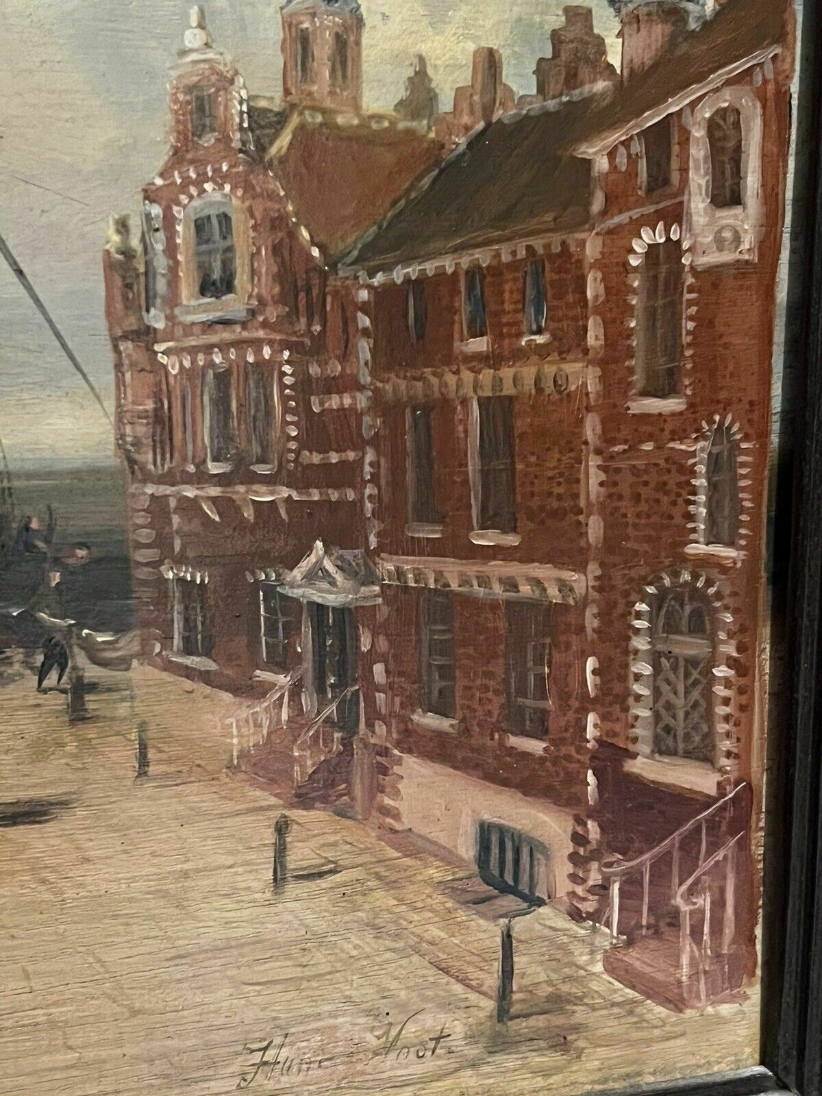Antique Dutch Canal Scene Oil Painting, Signed F Knot In Original Maple Frame photo for sale