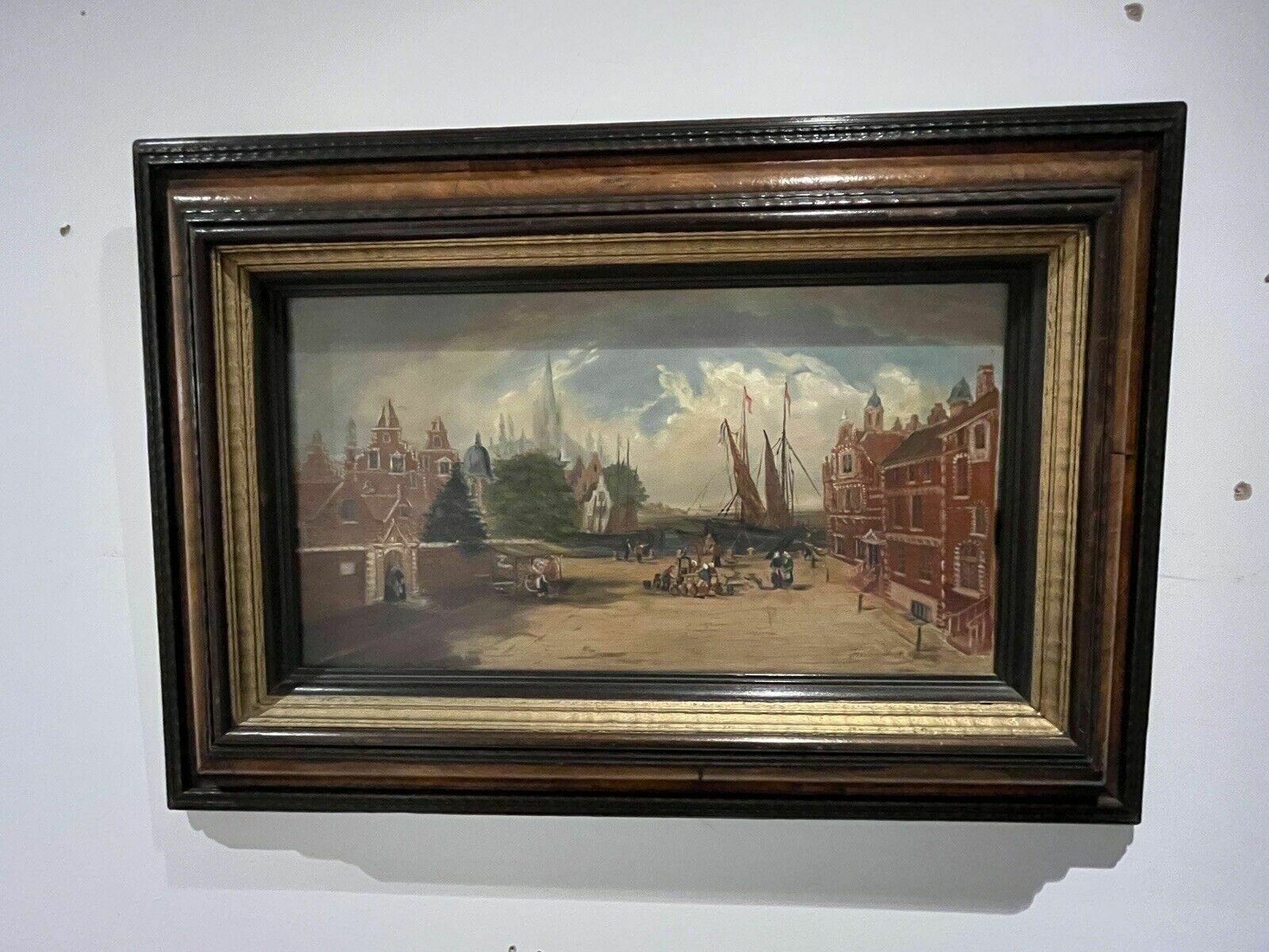 photo vinterior Antique Dutch Canal Scene Oil Painting, Signed F Knot In Original Maple Frame