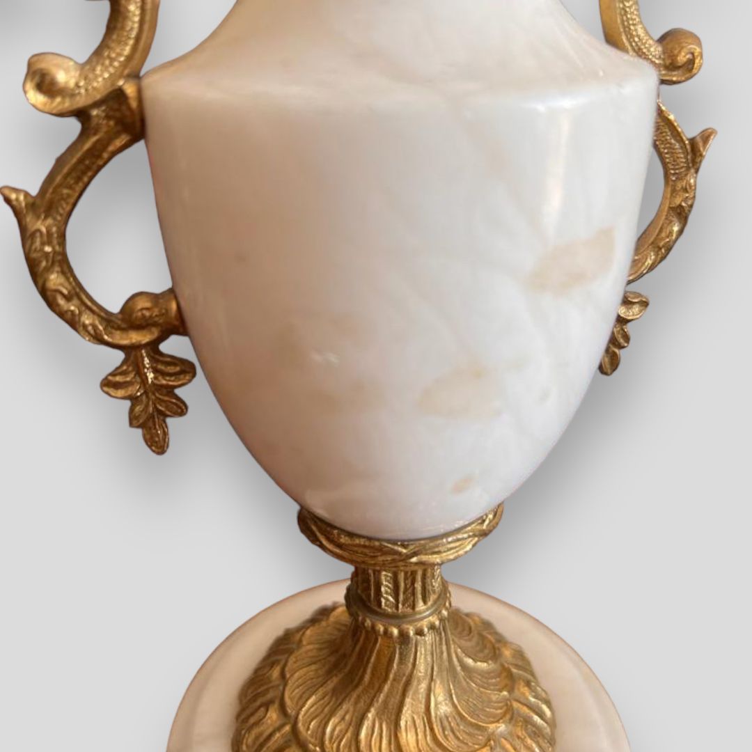 A Pair Of White Marble An Gilt Urn Shaped Lamps With Serpentine Handles photo 245.0