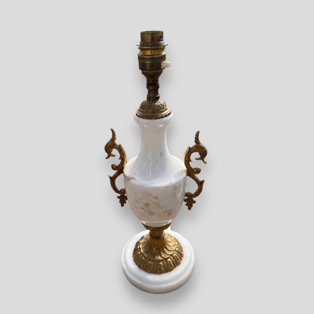 photo for sale A Pair Of White Marble An Gilt Urn Shaped Lamps With Serpentine Handles