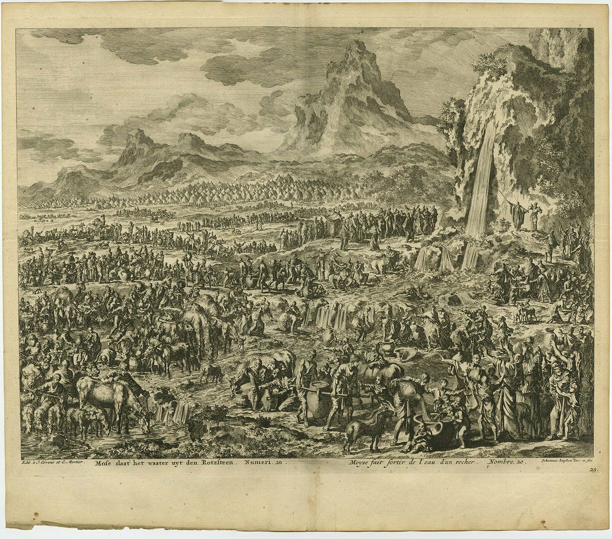 Antique Bible Print Moses Strikes Water From The Rocks