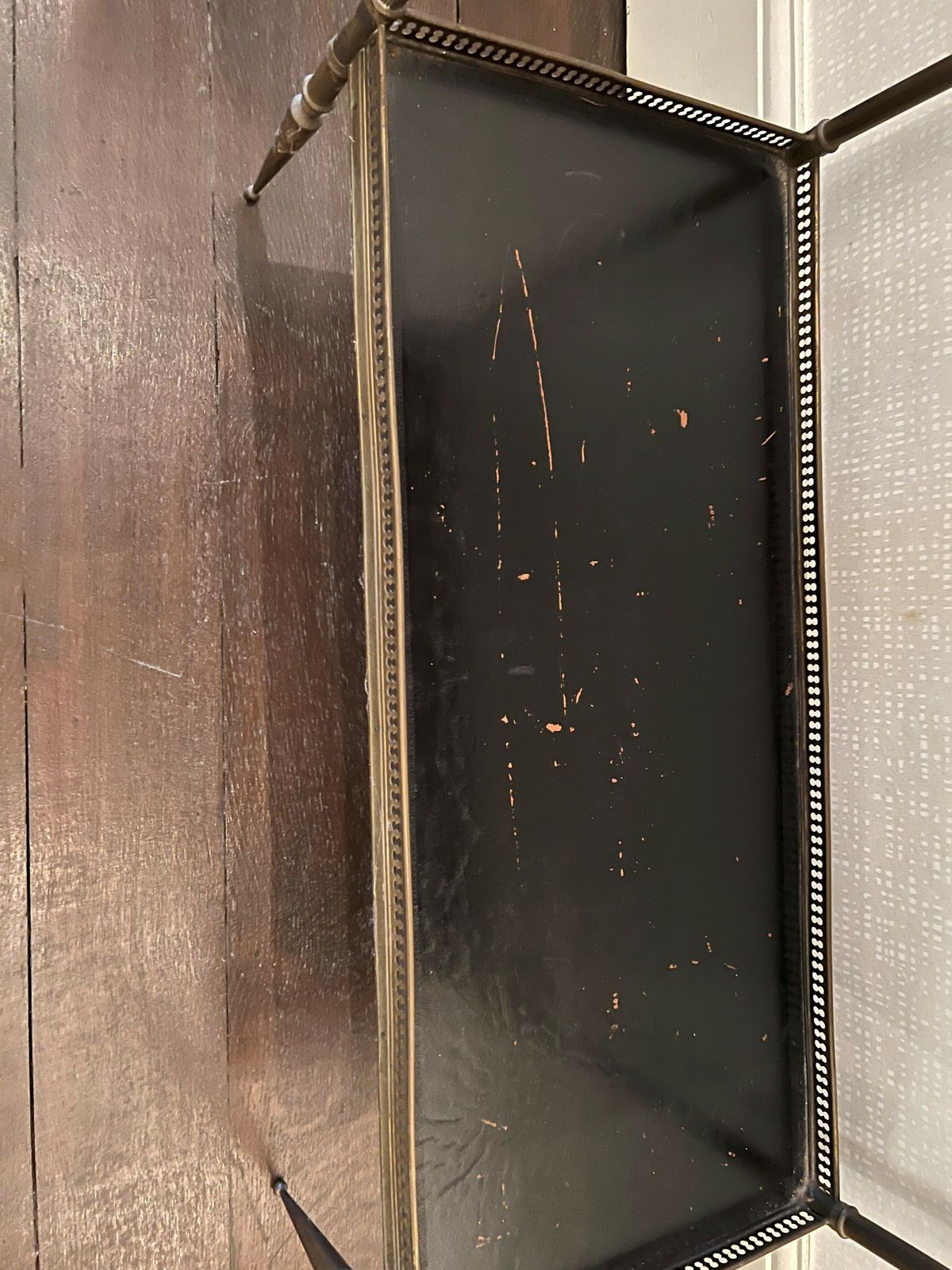 Pair Of French 1920s Brass And Leather Fretwork Sofa End Tables photo for sale