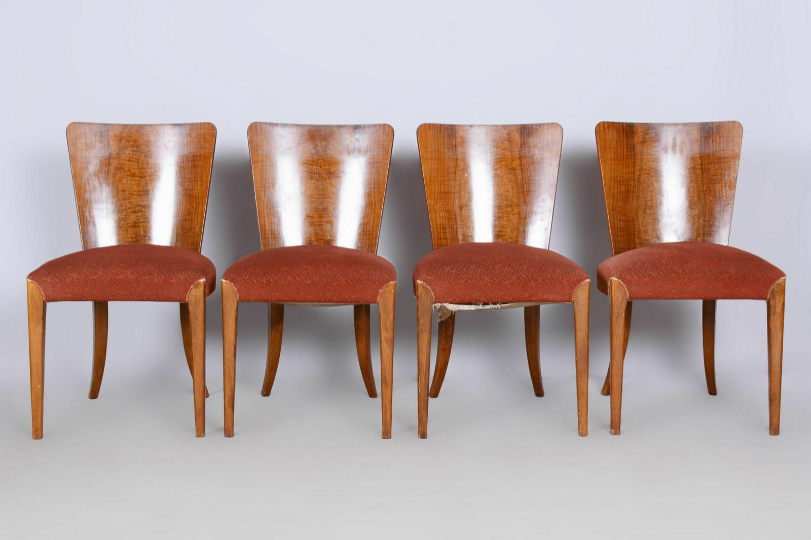 Set Of Four Original Artdeco Walnut Beech Chairs, Jindrich Halabala, Up Zavody, Czechia, 1940s