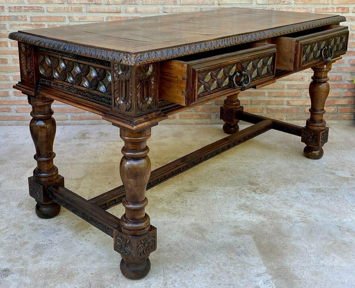 19th Century Spanish Walnut Desk With Two Drawers & Strong Legs, 1890s photo furniture