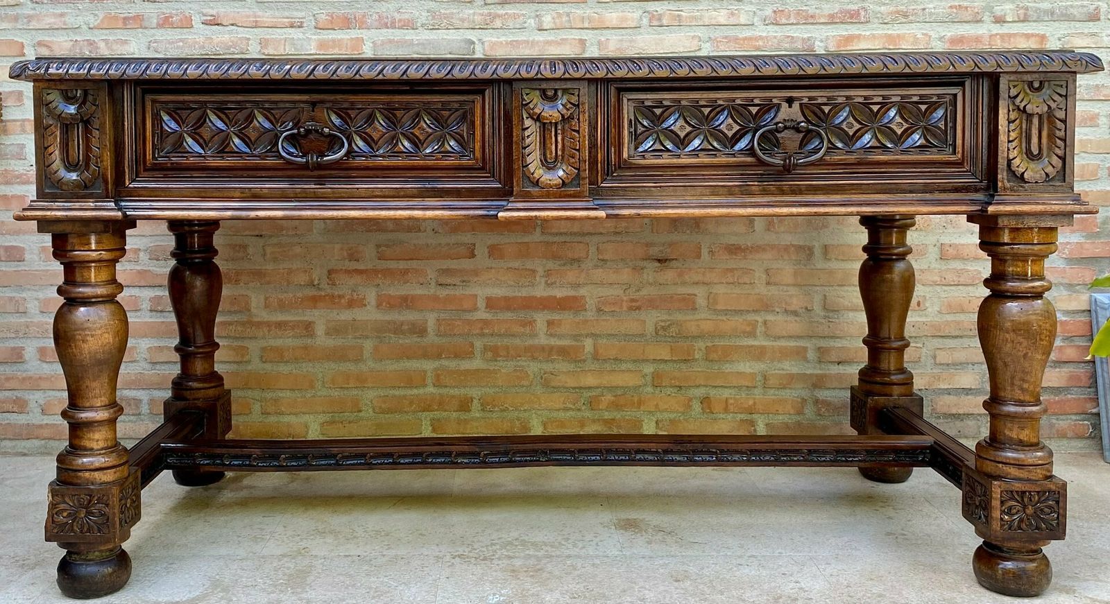 19th Century Spanish Walnut Desk With Two Drawers & Strong Legs, 1890s photo for sale