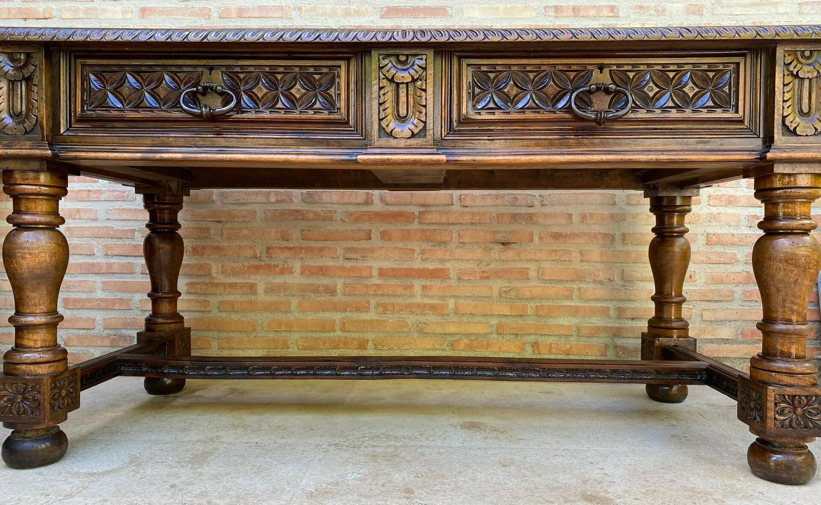19th Century Spanish Walnut Desk With Two Drawers & Strong Legs, 1890s photo buy