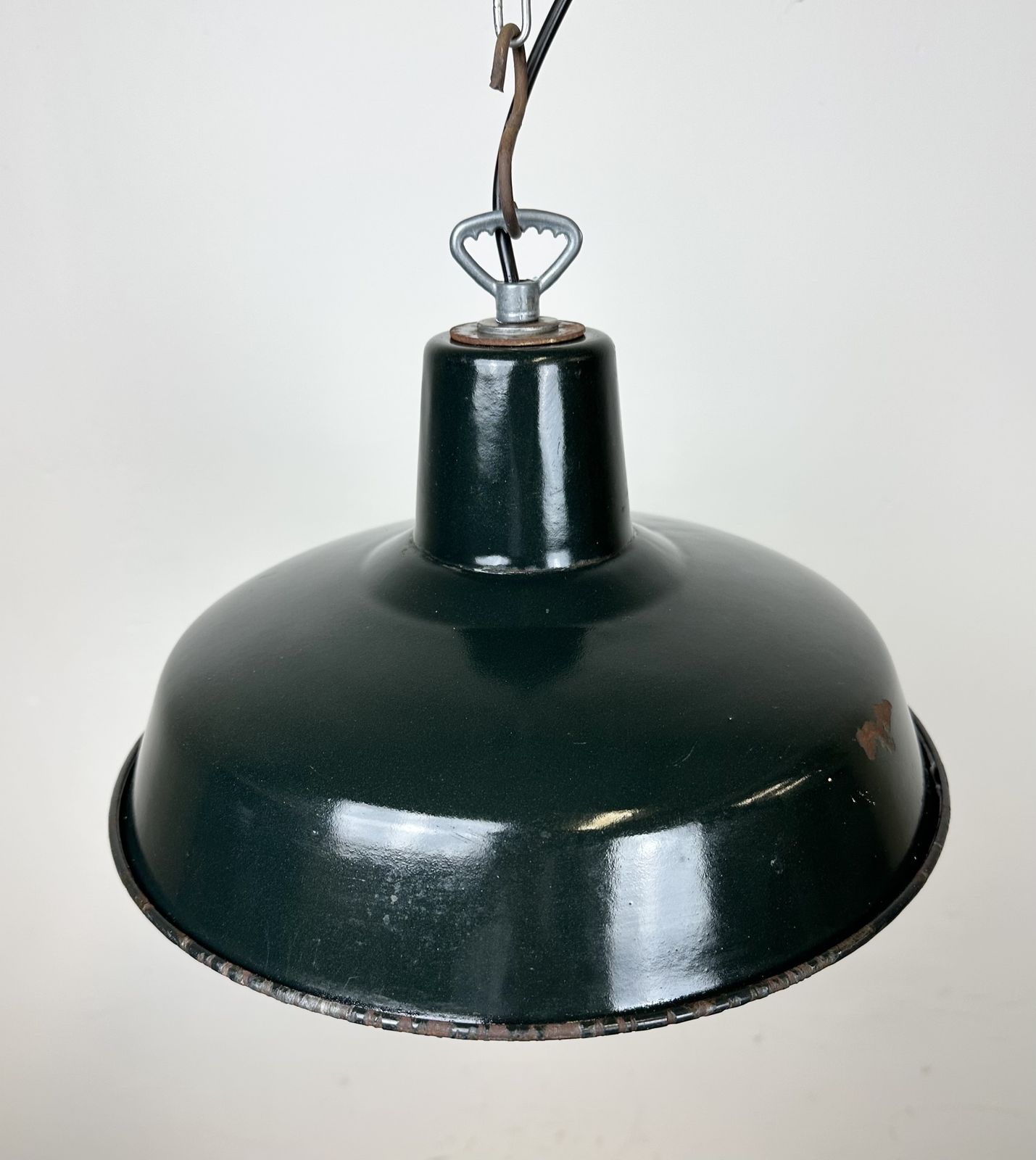Industrial French Dark Green Enamel Factory Lamp, 1960s photo vinterior