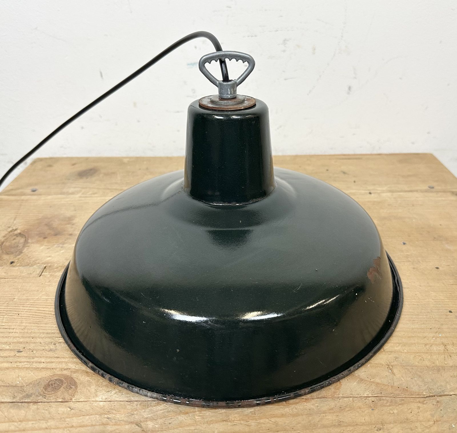 Industrial French Dark Green Enamel Factory Lamp, 1960s photo vintage