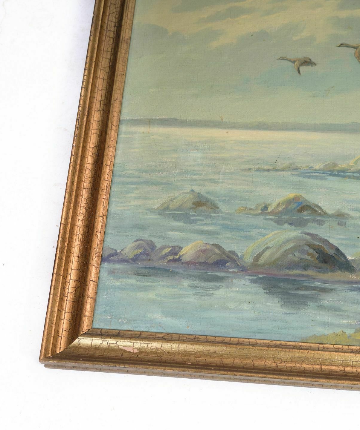 Painting Canvas With Motif Of Sea And Coastal Rocks From 1920s. photo vinterior