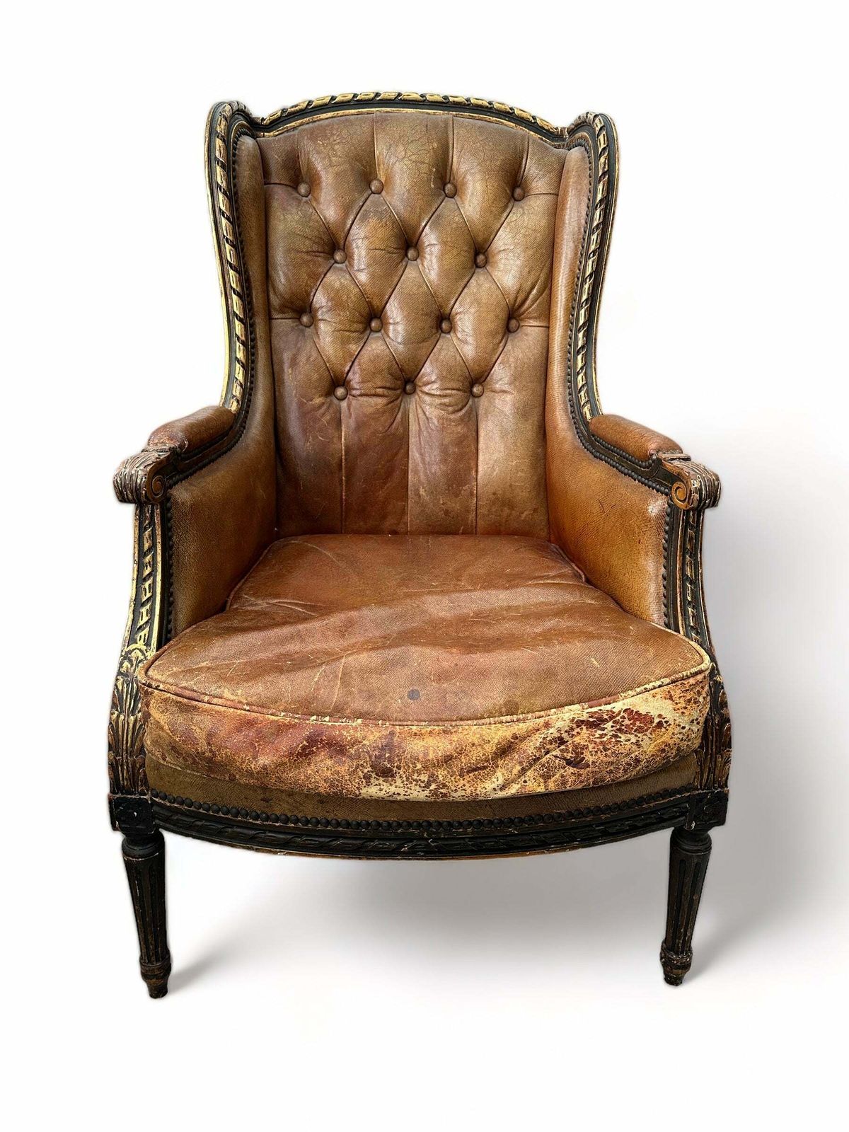 A Beautiful Antique French Leather Giltwood Studded Fauteuil Louis XV Armchair Circa 1850