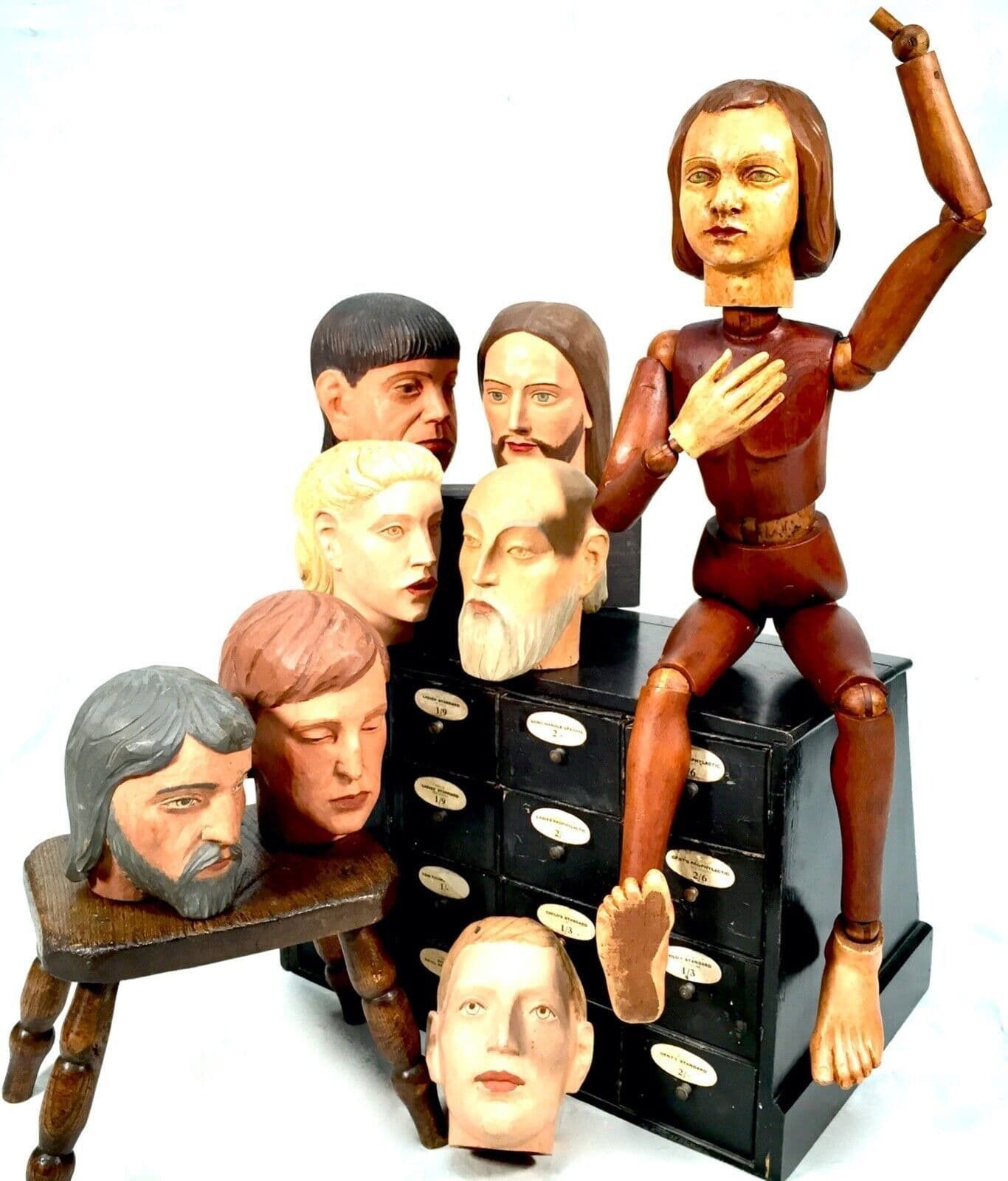 Antique Wooden French Articulated Artists Lay Figure & Head Collection C.1900