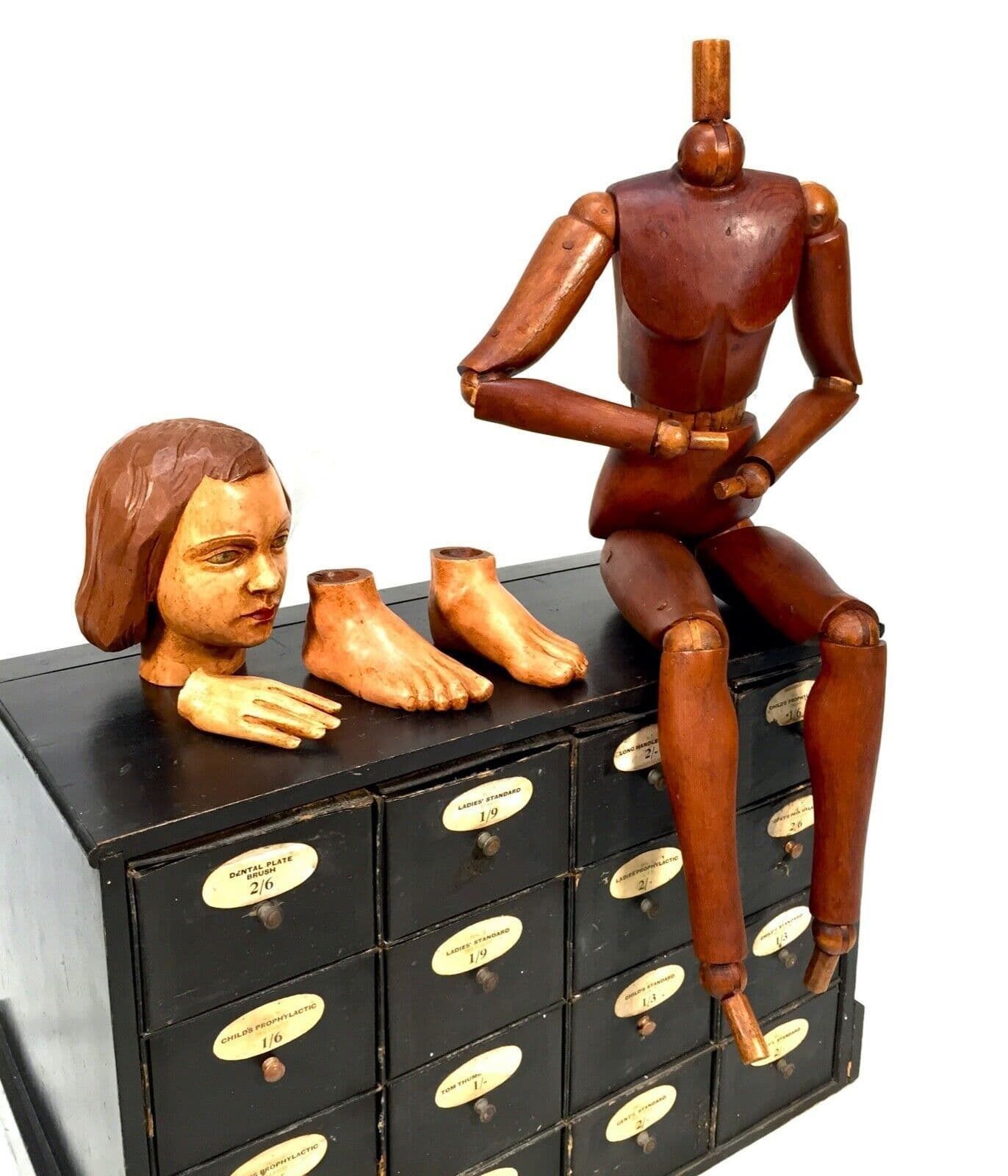 Antique Wooden French Articulated Artists Lay Figure & Head Collection C.1900 photo vinterior