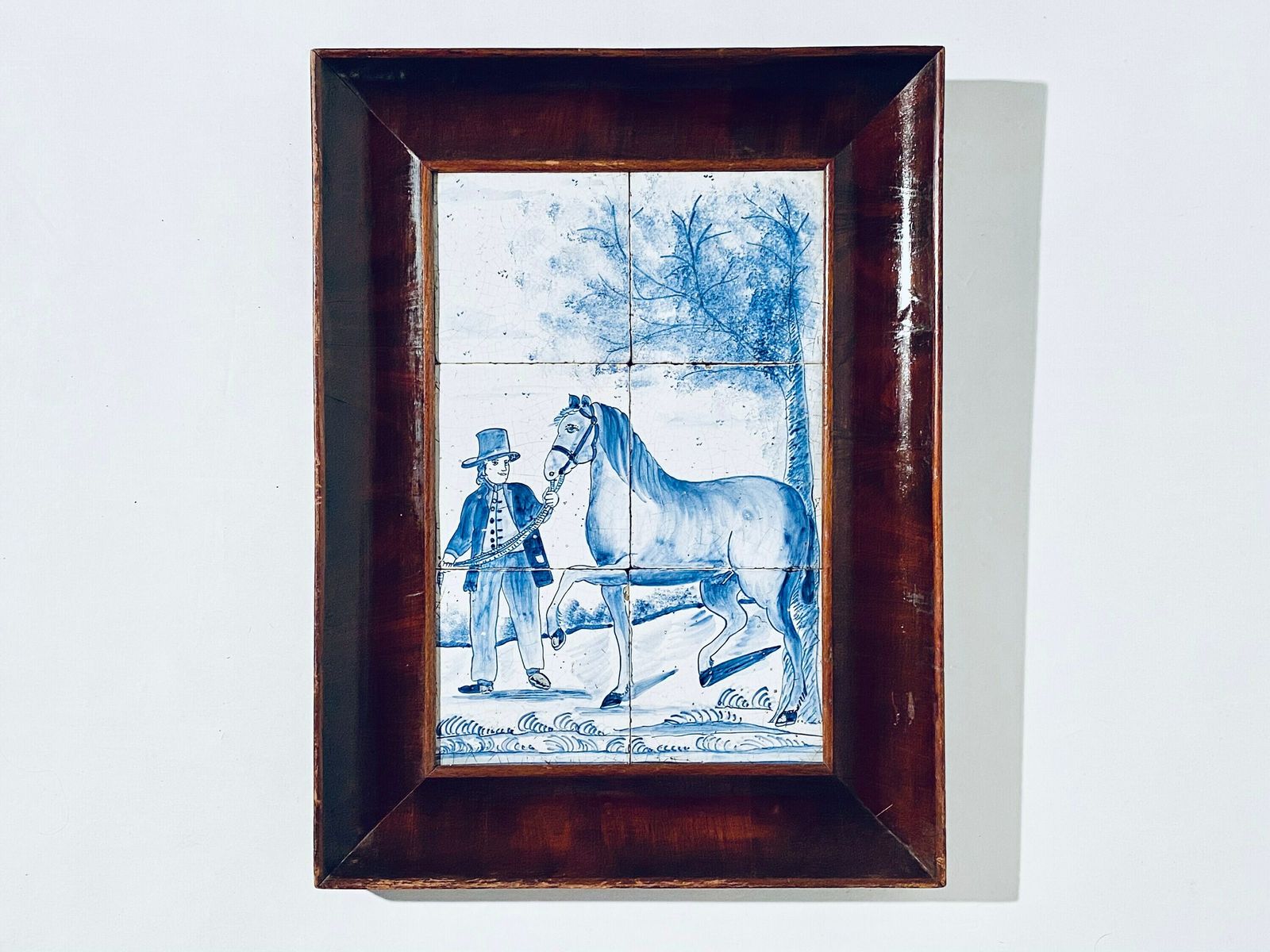 Antique Delft Blue Ceramic Tile Horse Farmer Motif Picture / Dutch Tiles / 1890s