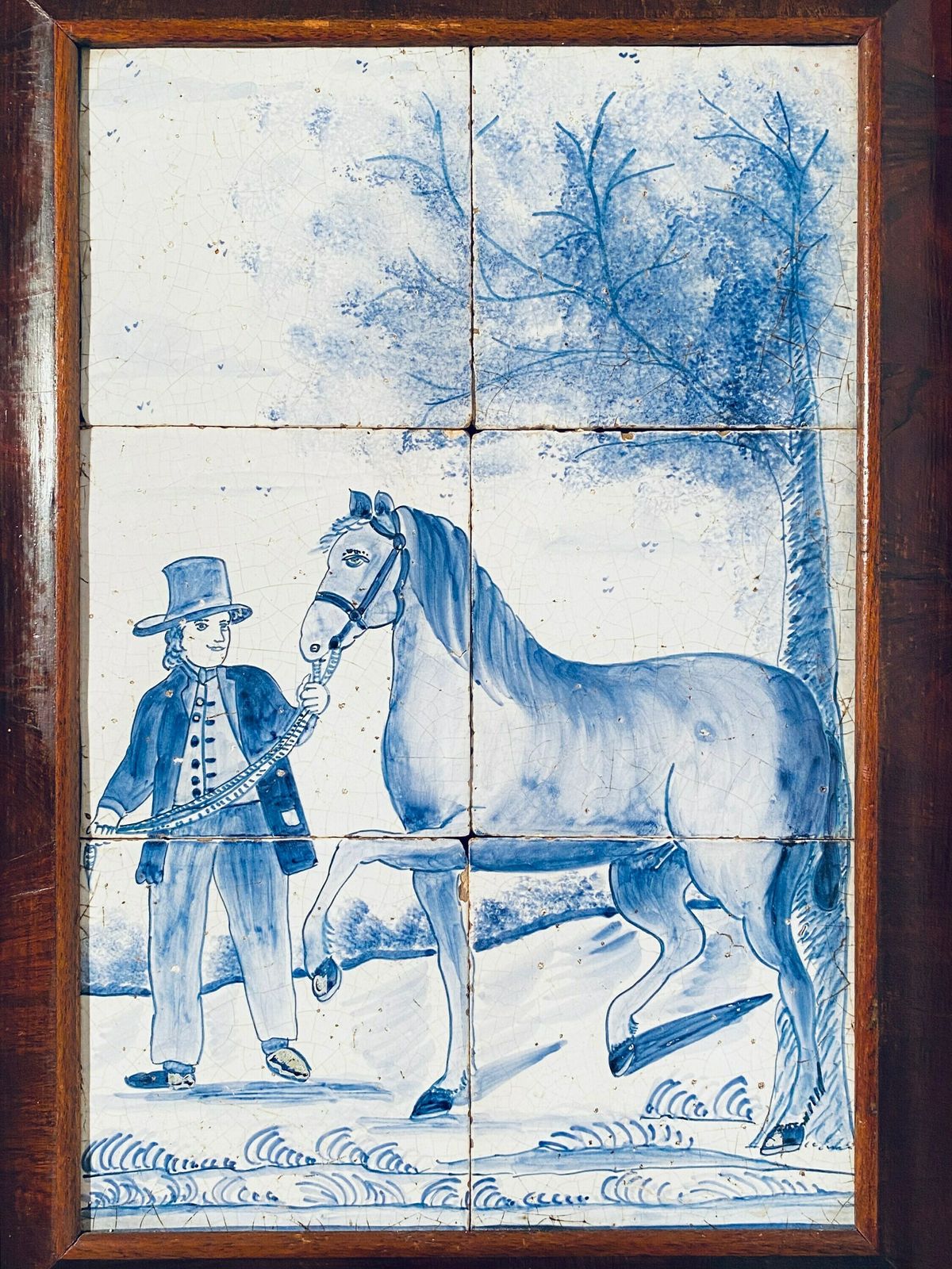 Antique Delft Blue Ceramic Tile Horse Farmer Motif Picture / Dutch Tiles / 1890s photo for sale