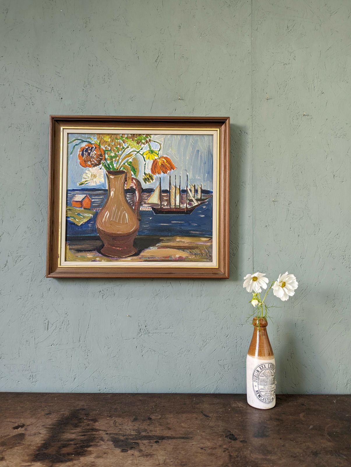 Mid Century Modernist Swedish Still Life Oil Painting, Sail Boats & Flowers, Framed photo furniture