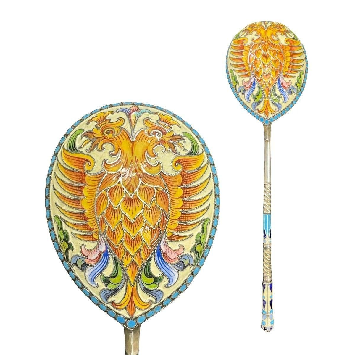 20th Century Russian Solid Silver & Enamel Spoon, Ivan Saltikov, C.1900