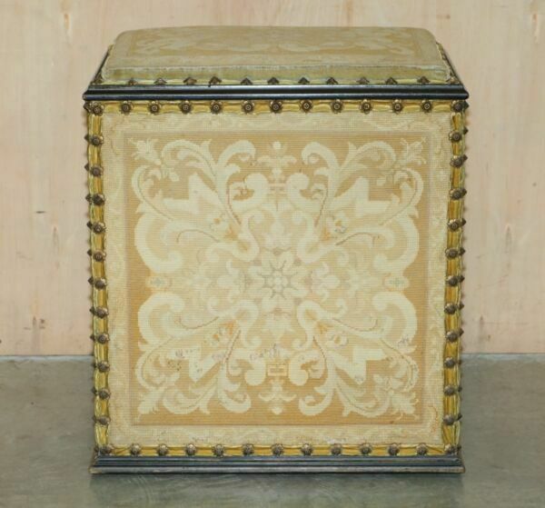 Antique French Circa 1880 Original Embroidered Upholstery Floral Linen Trunk photo for sale