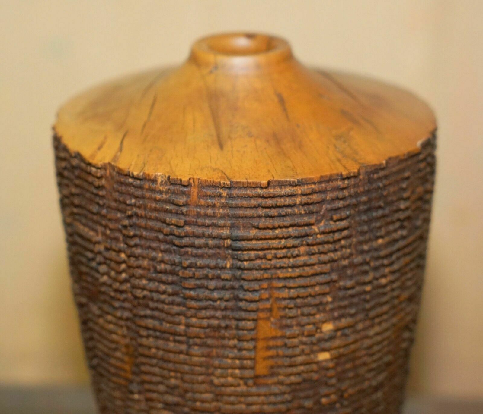 Large Ornately Hand Carved Wooden Vase Makers Signature To The Base photo Home Decor