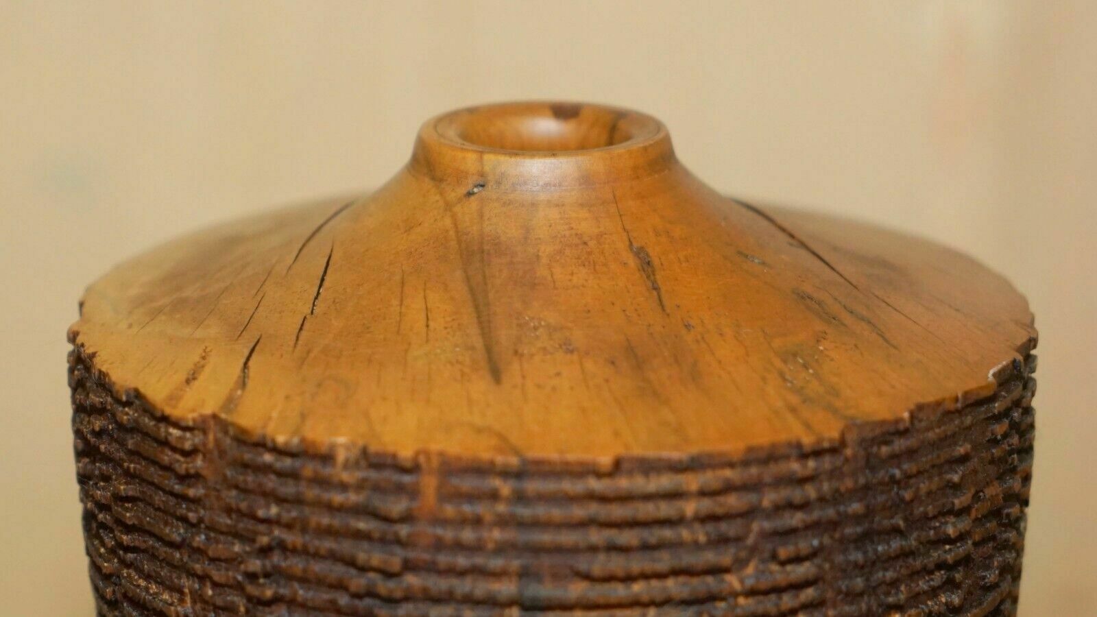 Large Ornately Hand Carved Wooden Vase Makers Signature To The Base photo vinterior
