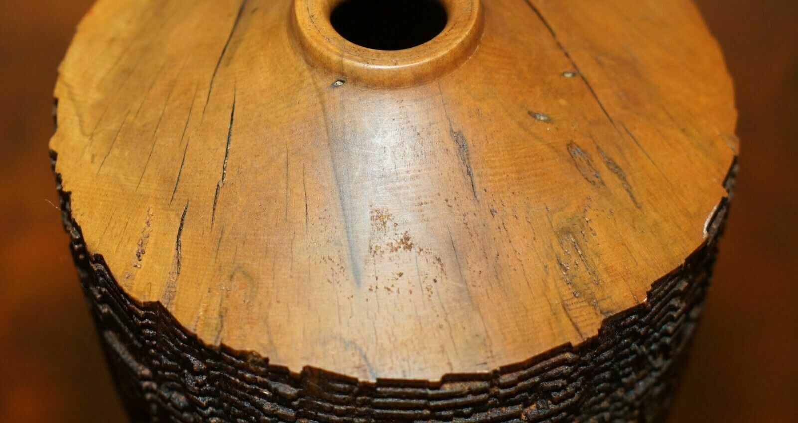295.0 Large Ornately Hand Carved Wooden Vase Makers Signature To The Base photo