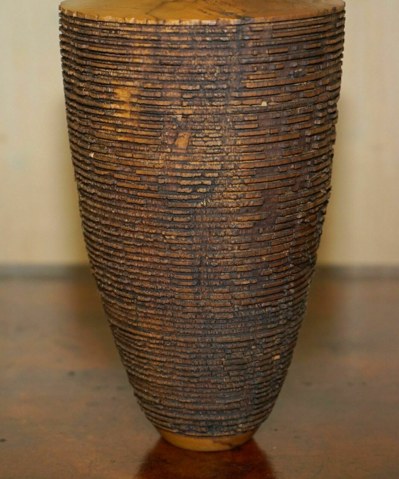 photo buy Large Ornately Hand Carved Wooden Vase Makers Signature To The Base