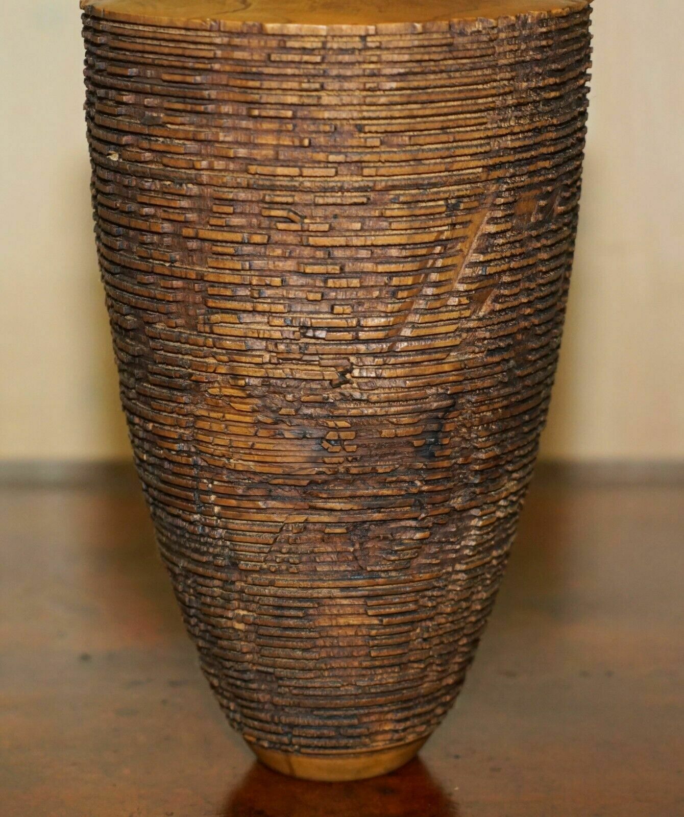 photo vintage Large Ornately Hand Carved Wooden Vase Makers Signature To The Base