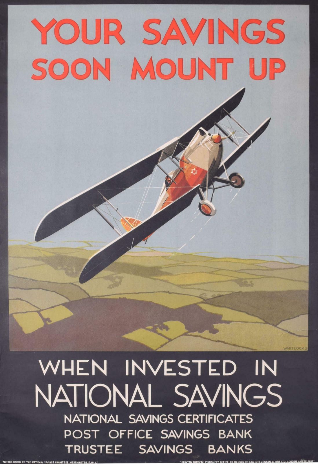 Unknown National Savings Biplane Original Vintage 1930s Poster