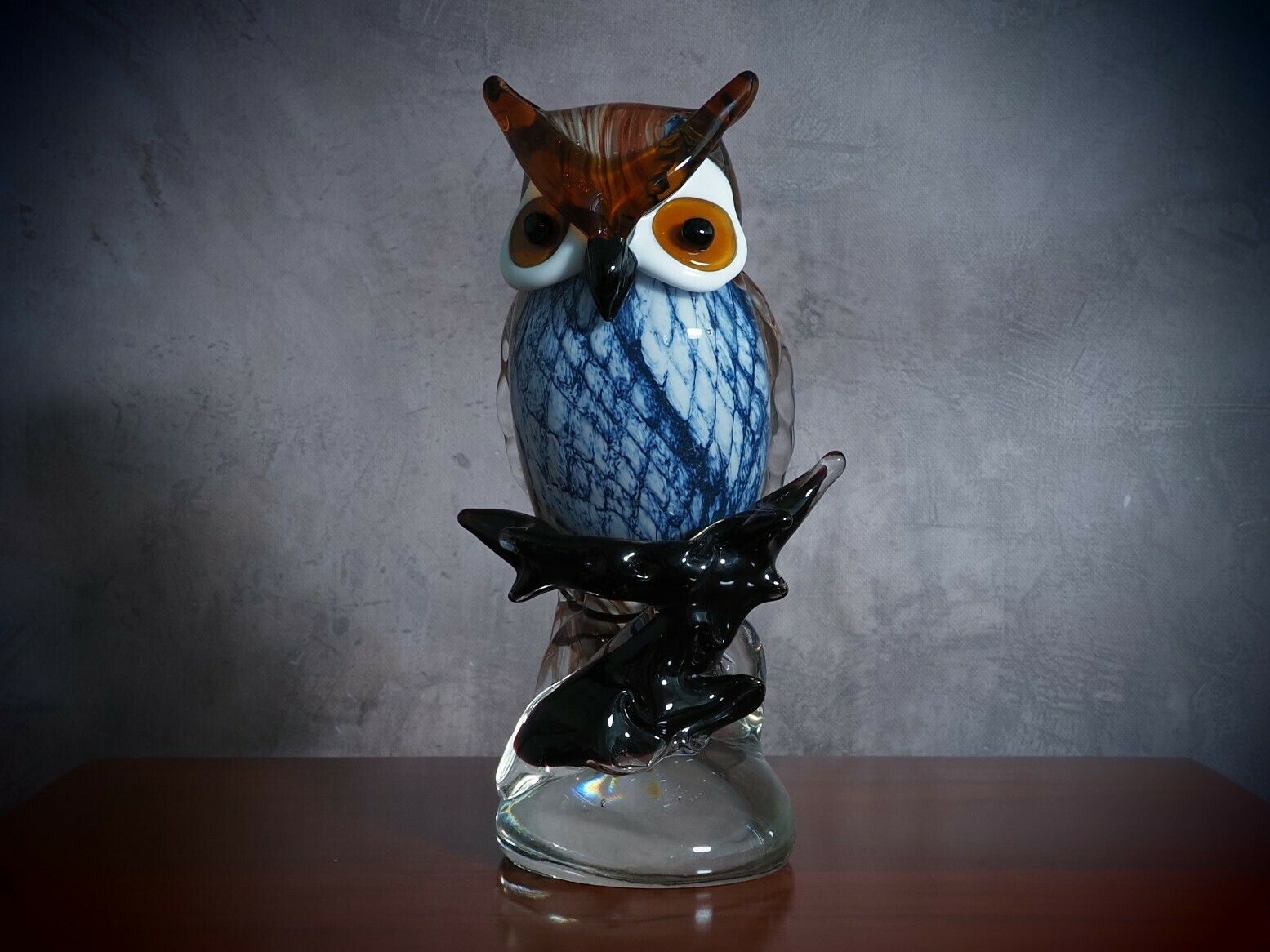 Murano Style Owl On Branch Glass Figurine, Night Bird Glass Sculpture, Italian Style Home Decor, Ideal Gift For Collectors