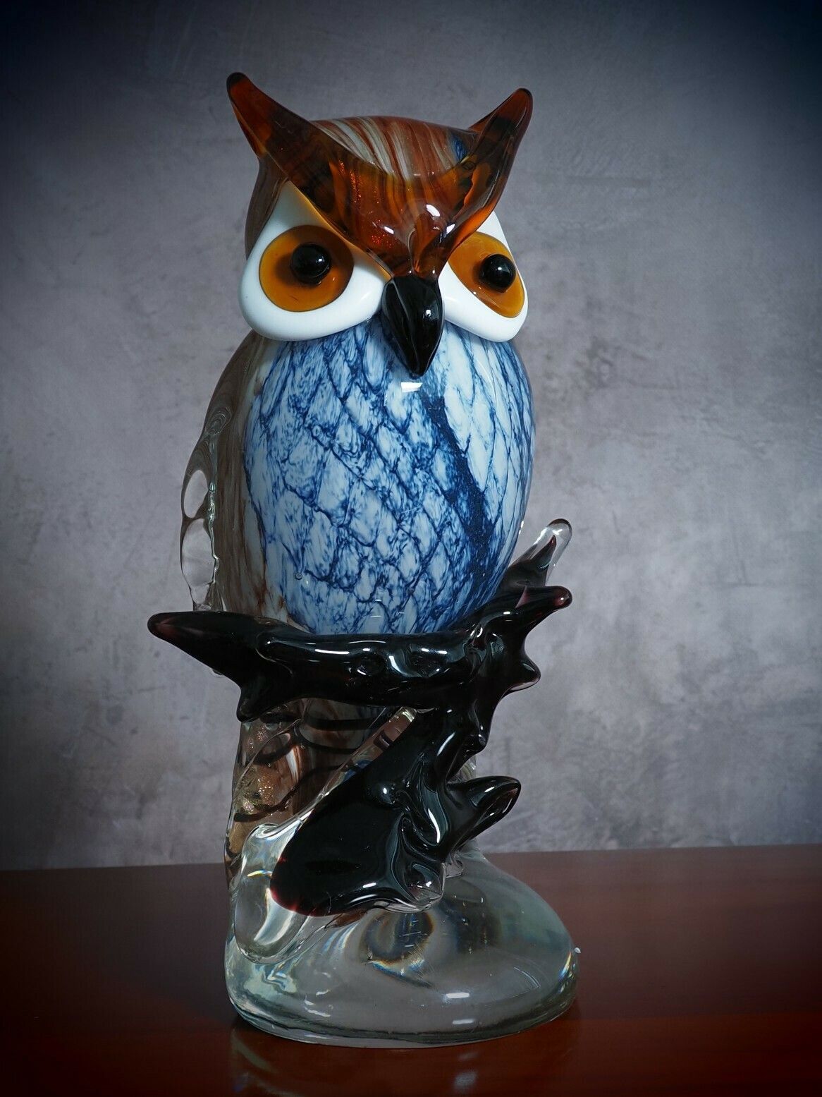 Murano Style Owl On Branch Glass Figurine, Night Bird Glass Sculpture, Italian Style Home Decor, Ideal Gift For Collectors photo for sale