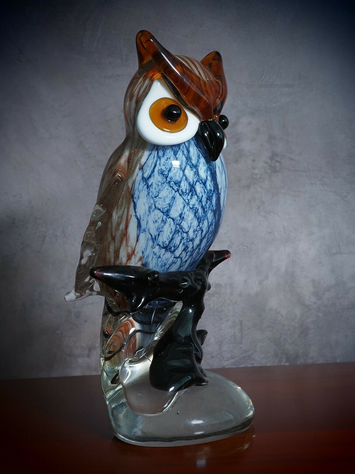 Murano Style Owl On Branch Glass Figurine, Night Bird Glass Sculpture, Italian Style Home Decor, Ideal Gift For Collectors photo Art