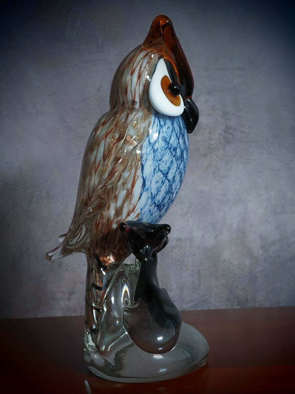 Murano Style Owl On Branch Glass Figurine, Night Bird Glass Sculpture, Italian Style Home Decor, Ideal Gift For Collectors photo vintage