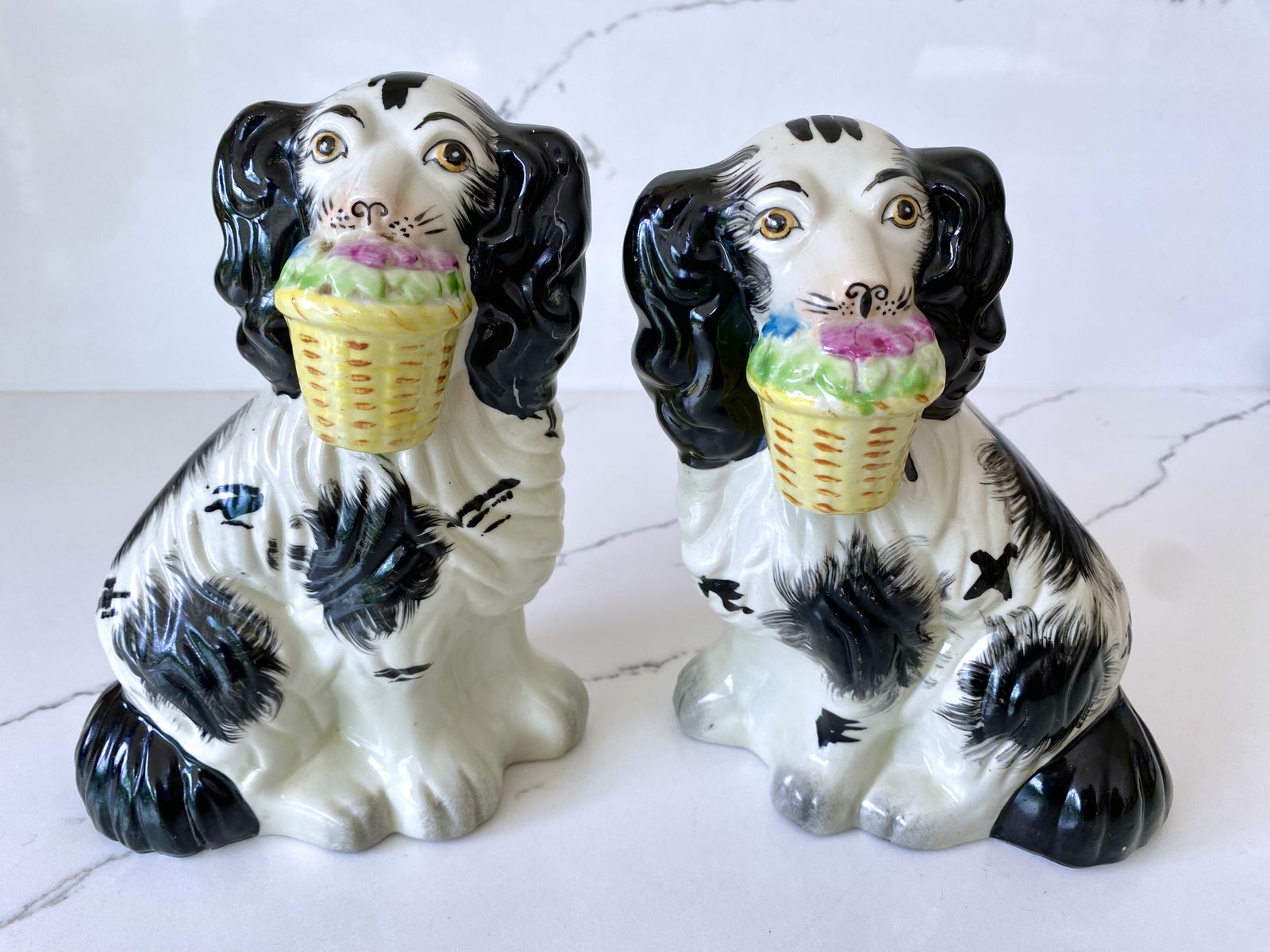 Pair Of Antique Pottery Mantle Dogs With Baskets Of Flowers