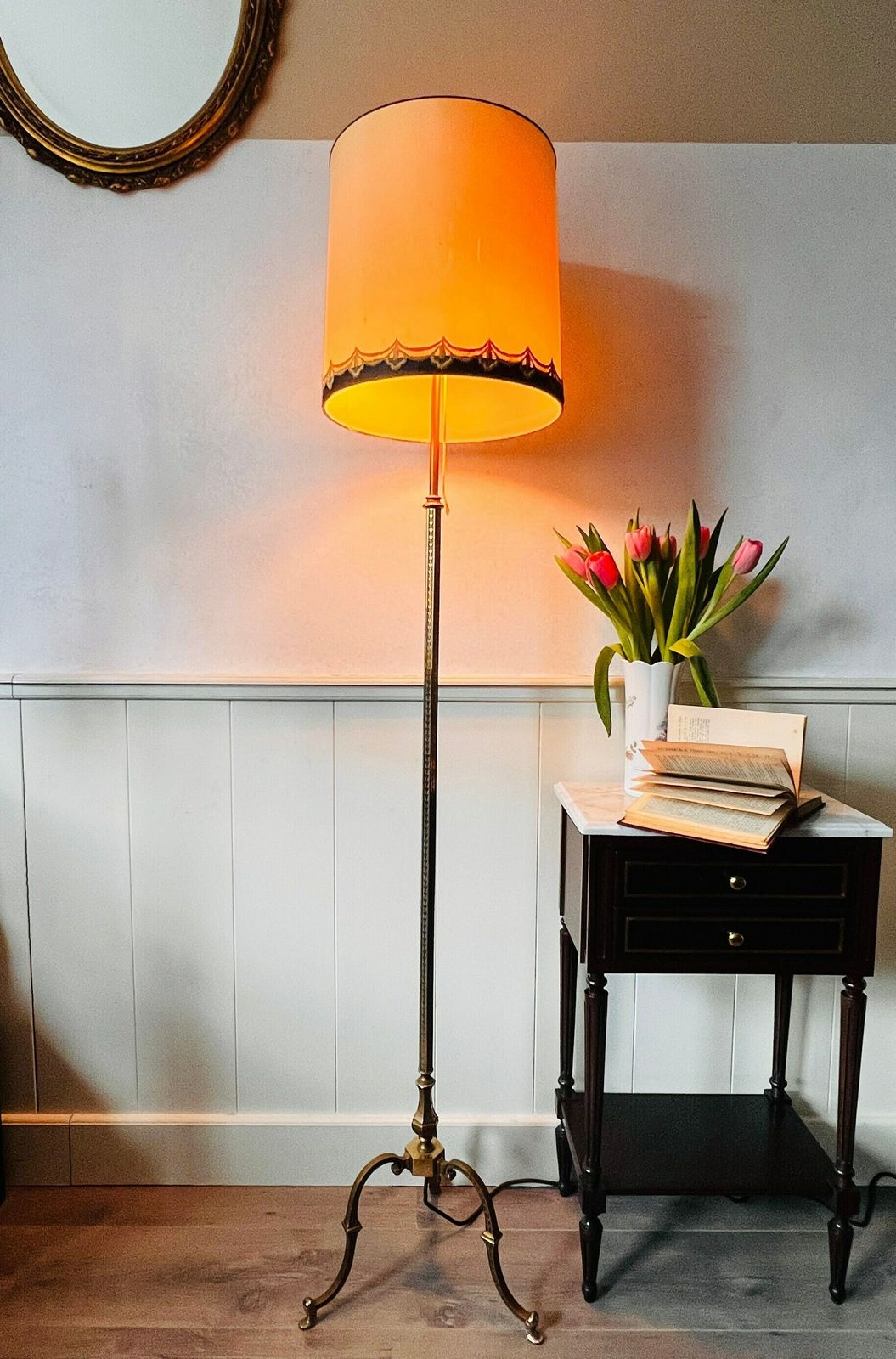 Elegant Floor Lamp, Aestetique Stand Lamp Made Of Bronze/Brass With 2 Lights And A Big Lampshade photo furniture