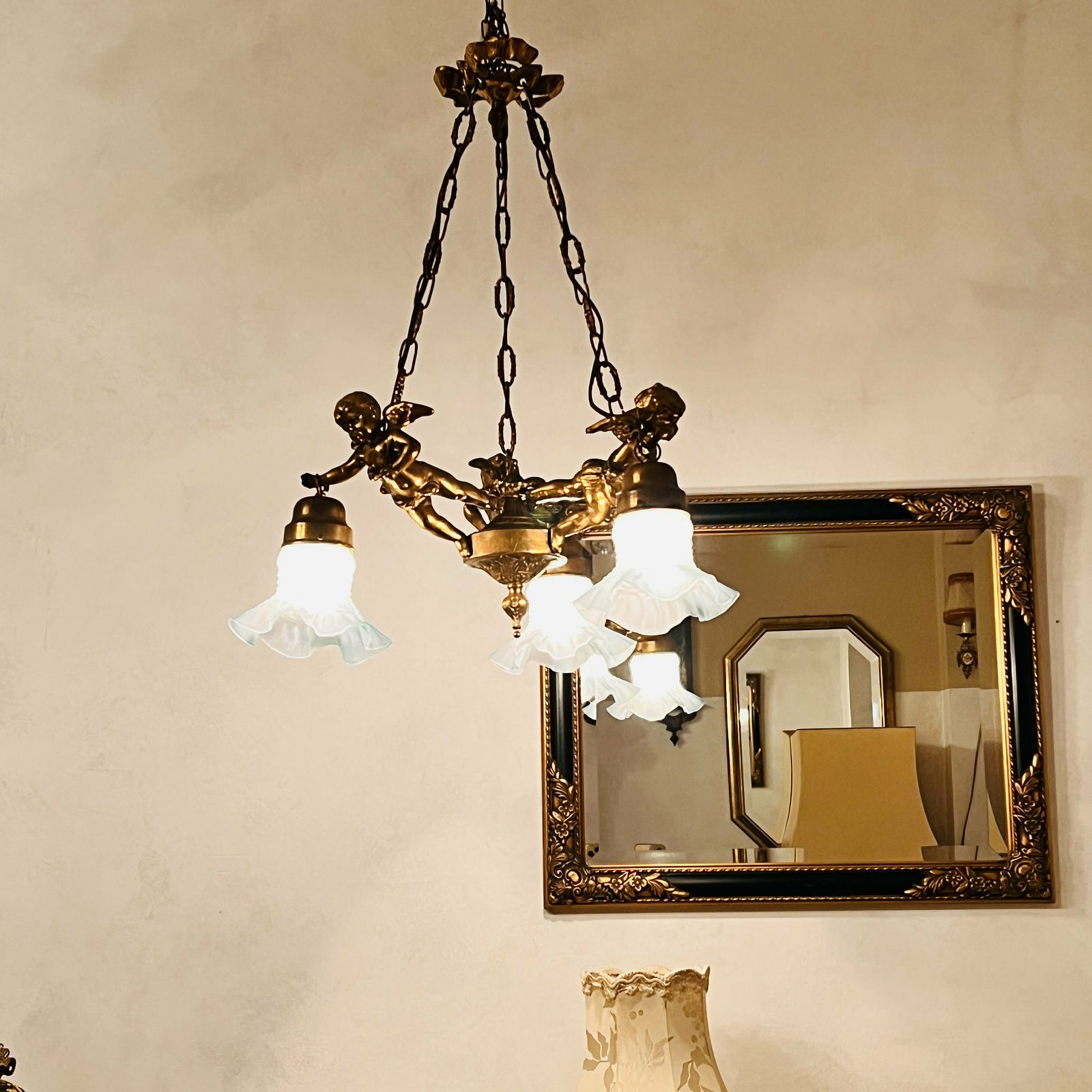 Stunning French 19th Century Bronze Chandelier With 3 Angels   Cherubs Holding Lights photo furniture