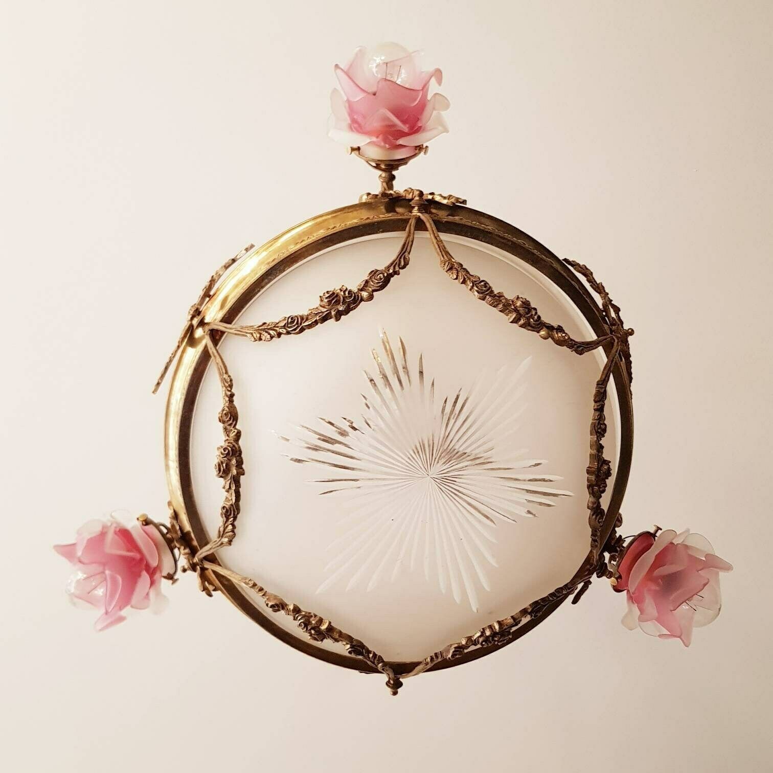 Old French Chandelier, Pendant Lamp, Art Deco Style, Vianne Frosted Pink Lampshades photo 2702.0