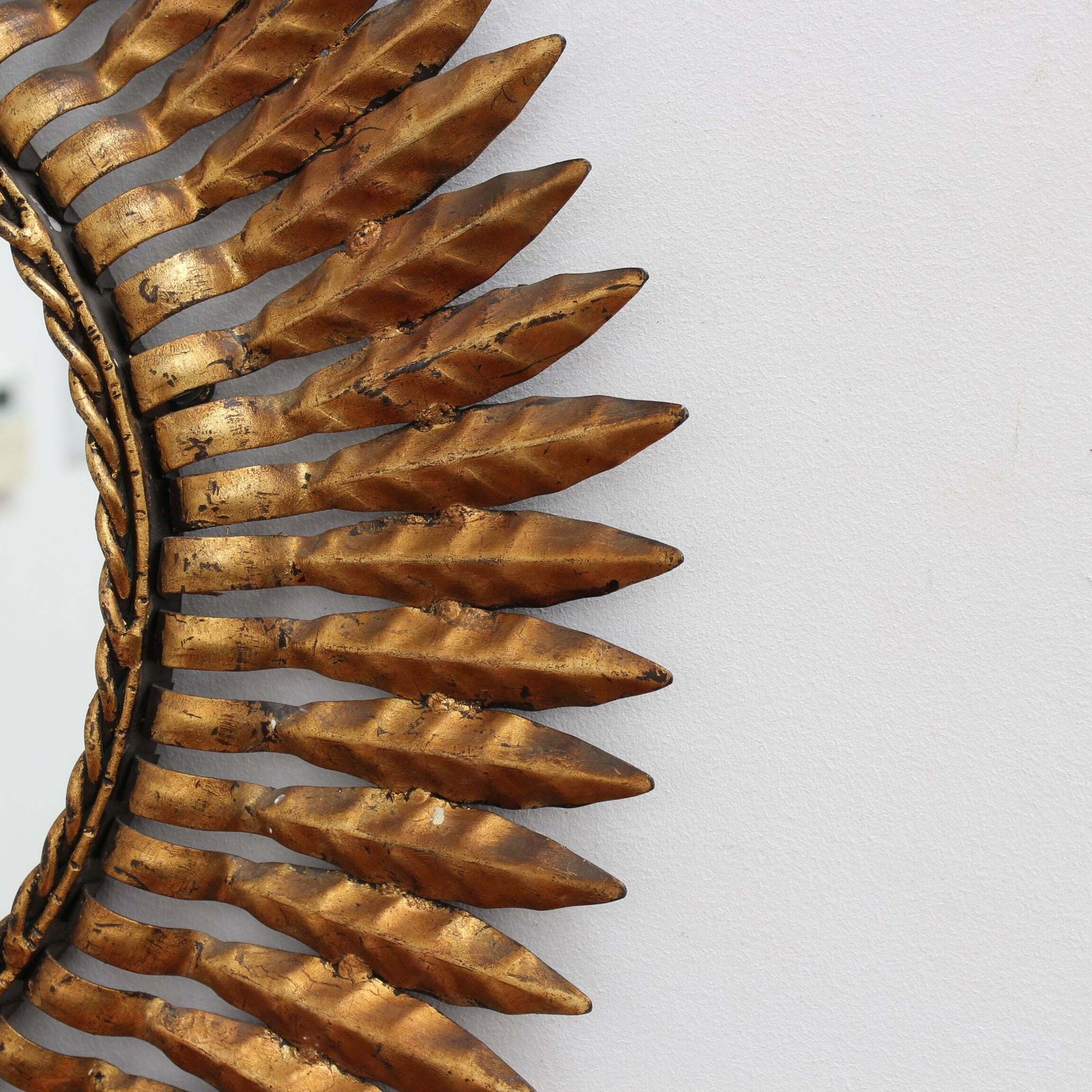 Mid Century Spanish Gilt Metal Sunburst Mirror With Leaf Motif, Circa 1960s. photo 800.0
