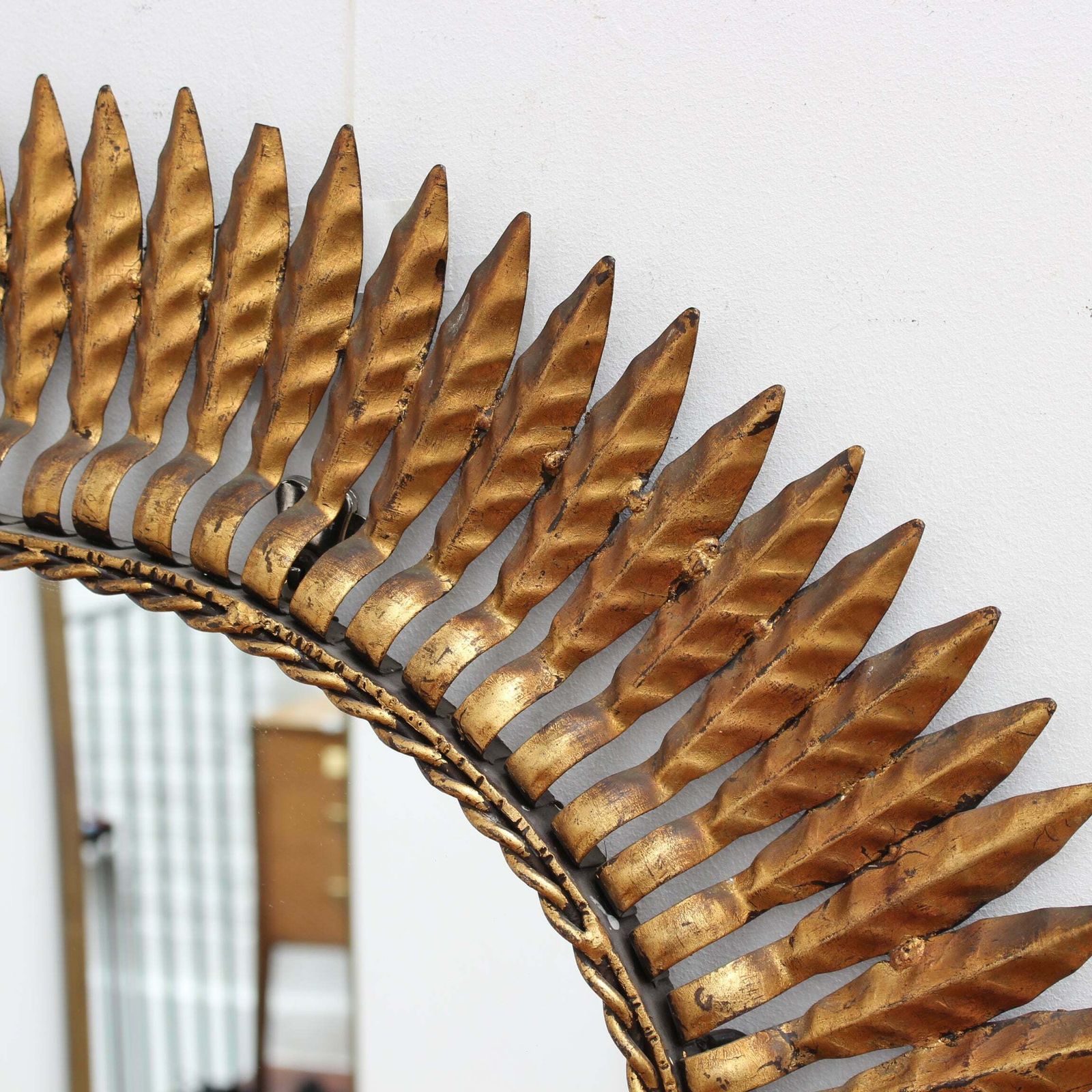 Mid Century Spanish Gilt Metal Sunburst Mirror With Leaf Motif, Circa 1960s. photo vinterior
