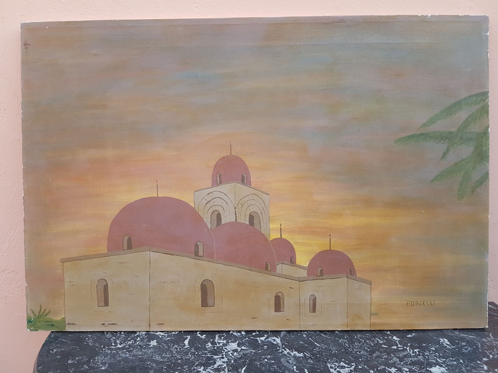 Religious Motive   Oil On Canvas Signed By Porcelli photo vintage