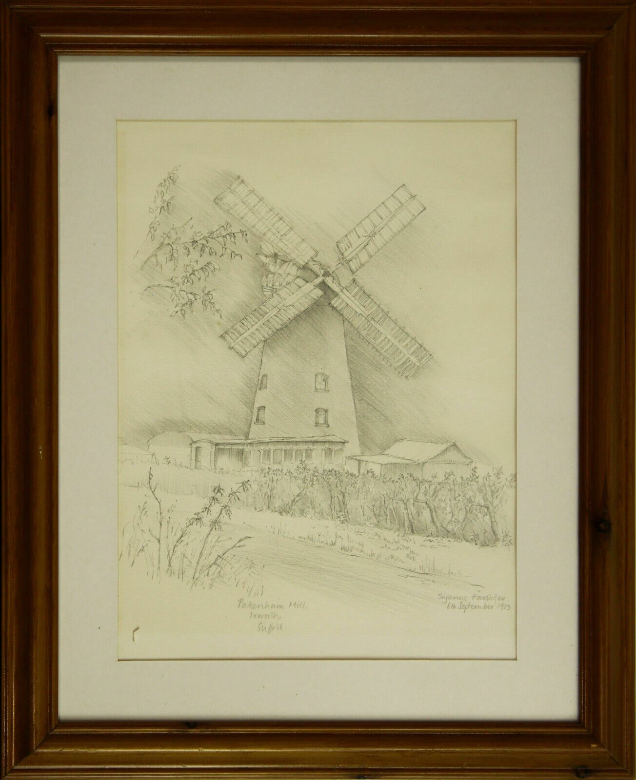 Pencil Sketch By Suzanne Hardicker. Titled "Pakenham Mill, Ixworth, Suffolk"