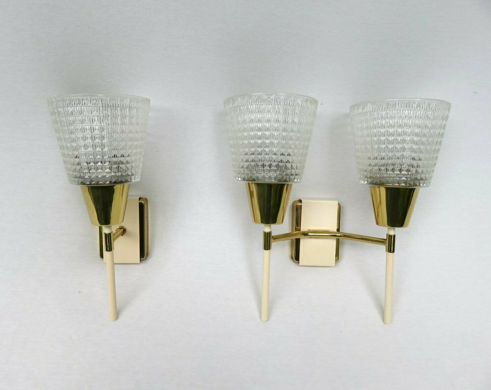 Elegant Wall Lights Torches, 50s, Brass, Beige, Glass, 1950s, Set Of 2