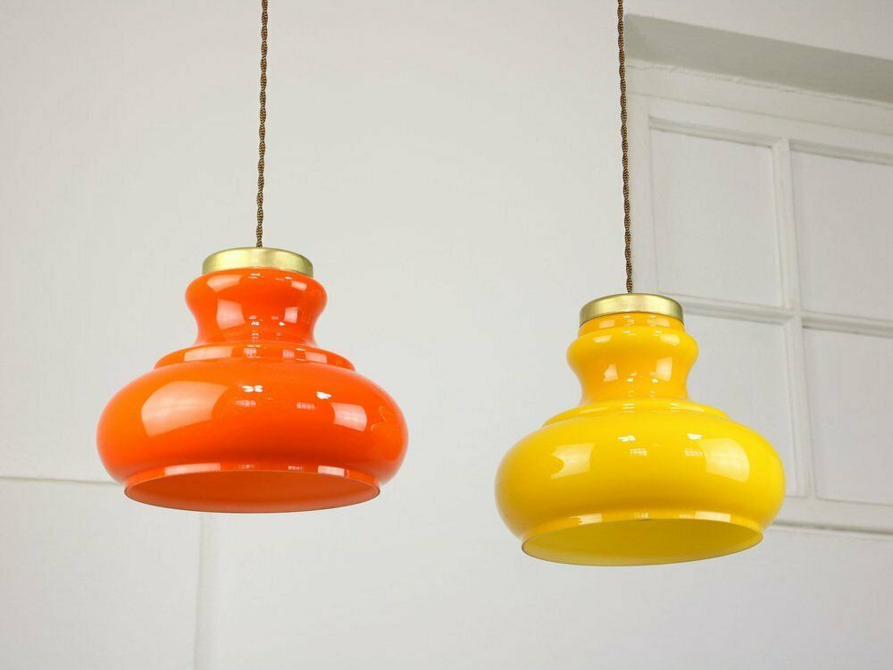 Mid Century Italian Glass And Brass Pendant Lamps, Set Of 2