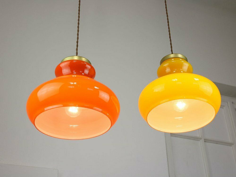 Mid Century Italian Glass And Brass Pendant Lamps, Set Of 2 photo vintage