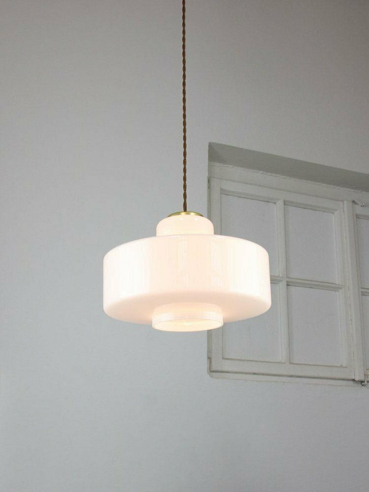 photo for sale Mid Century Italian White Glass And Brass Pendant Lamp
