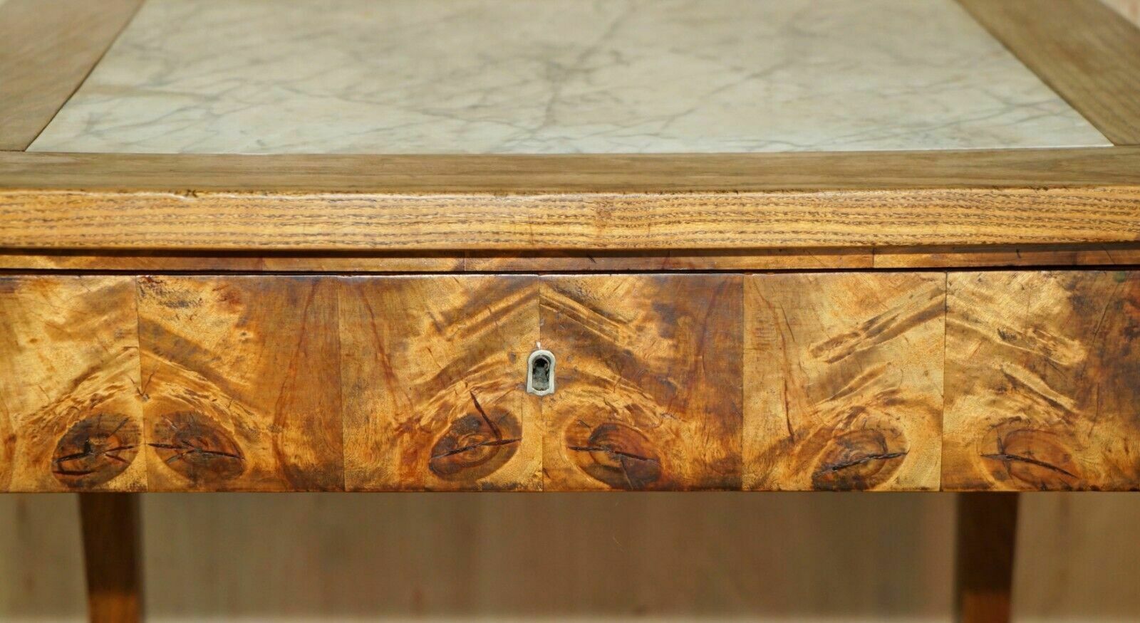 Super Rare Antique Laburnum Oyster Wood Marble Topped Food Preparation Table photo vinterior