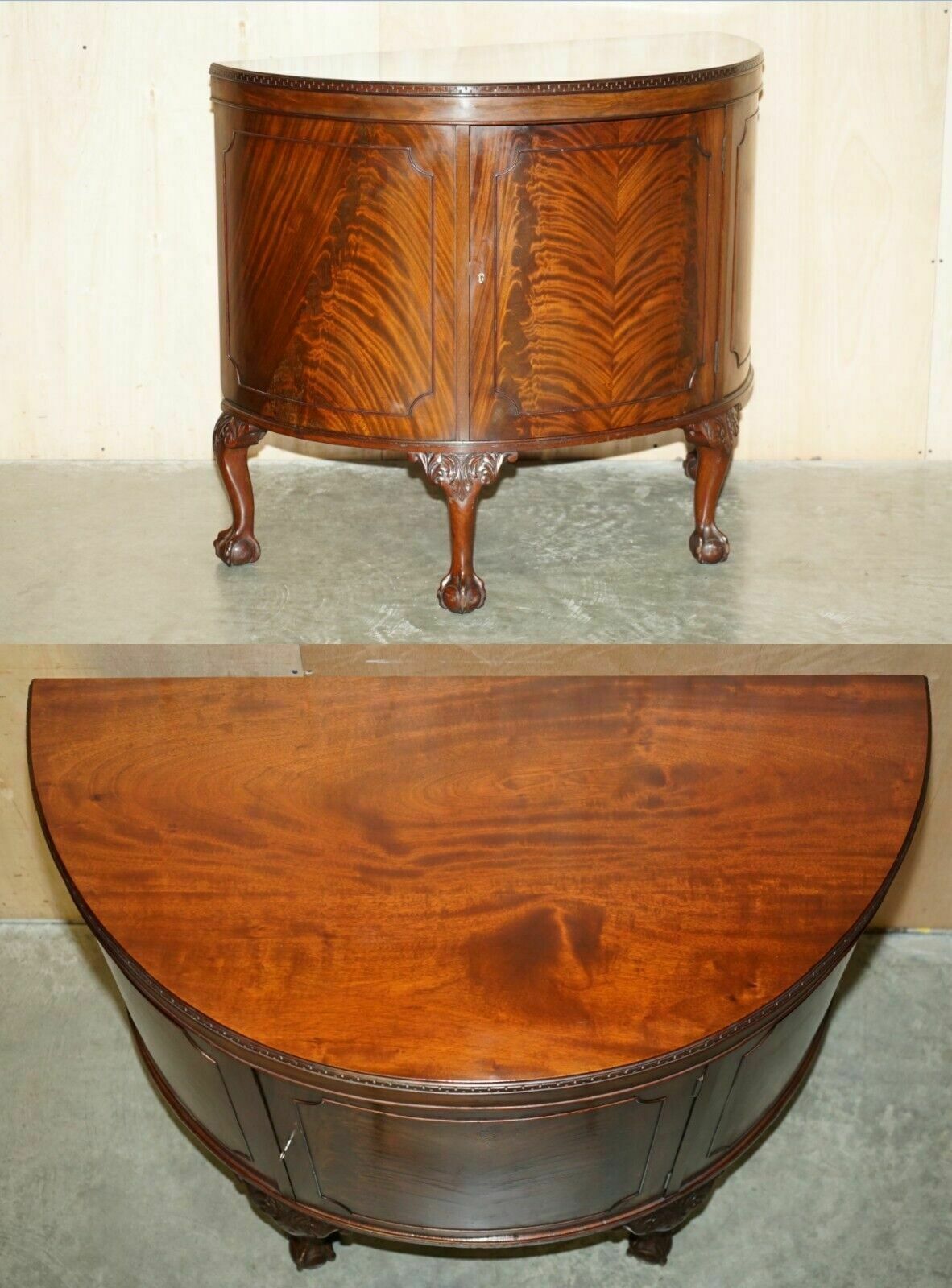Fully Restored Antique Flamed Mahogany Claw & Ball Foot Demi Lune Sideboard