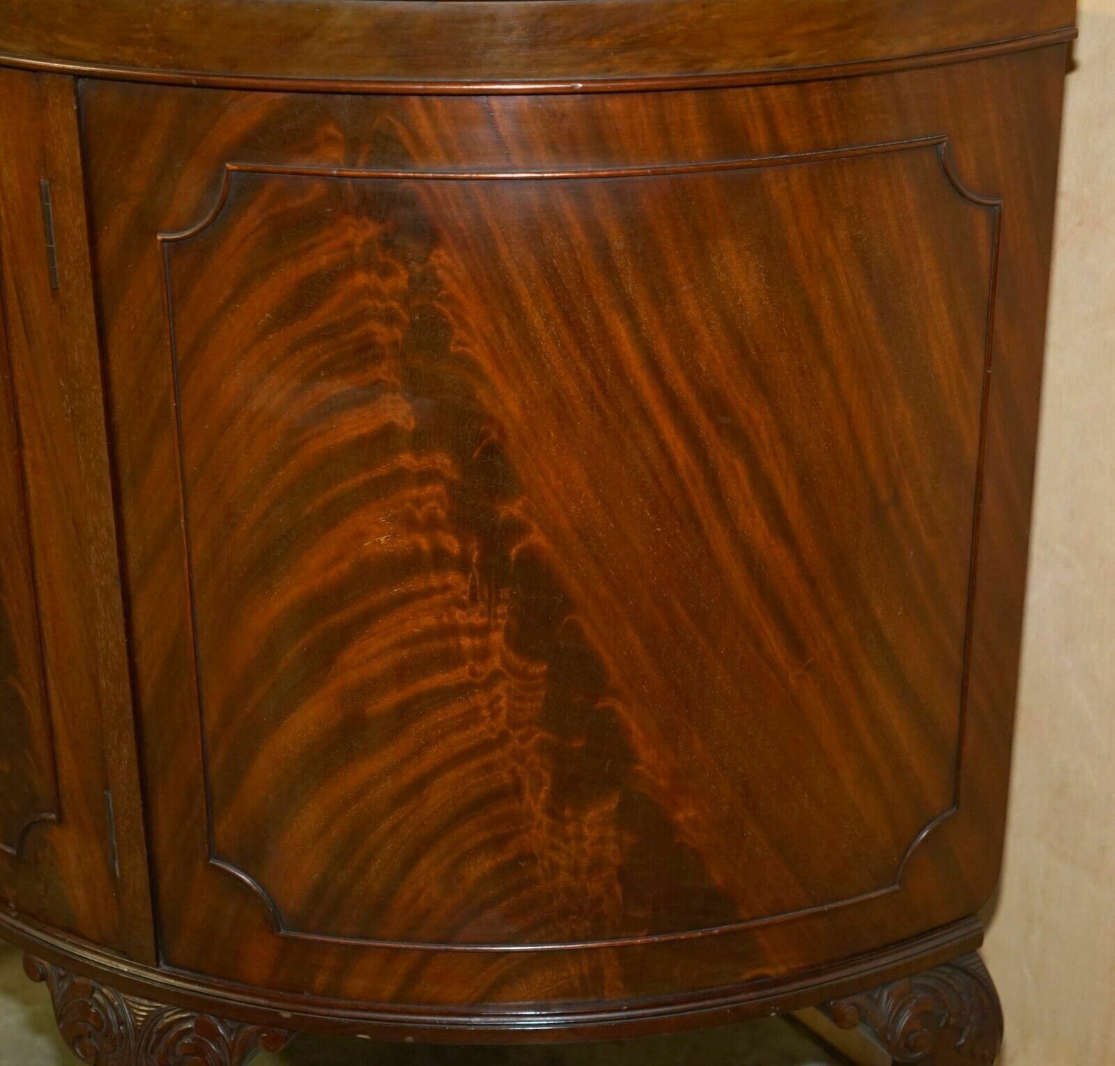 photo for sale Fully Restored Antique Flamed Mahogany Claw & Ball Foot Demi Lune Sideboard