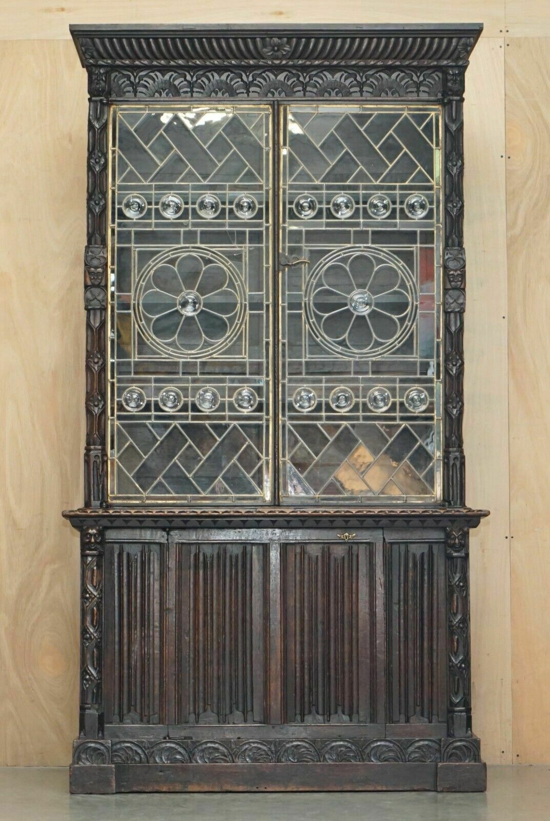 Antique Jacobean Linen Fold Carved Zinc Lined Astral Glazed Library Bookcase photo furniture