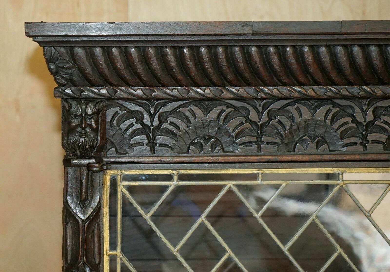 Antique Jacobean Linen Fold Carved Zinc Lined Astral Glazed Library Bookcase photo for sale